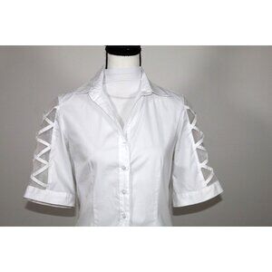 Women's Finley Button Down Blouse 3/4  Mesh Sleeve White XS Made in USA